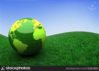 3d green globe on grass - ecology concept