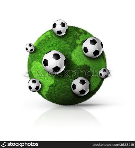 3D green grass world globe with soccer balls. green grass world globe with soccer balls