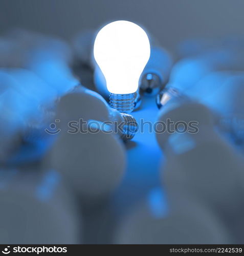 3d growing light bulb standing out from the unlit incandescent bulbs as leadership concept