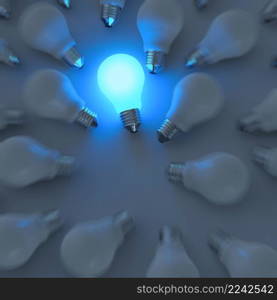 3d growing light bulb standing out from the unlit incandescent bulbs as leadership concept