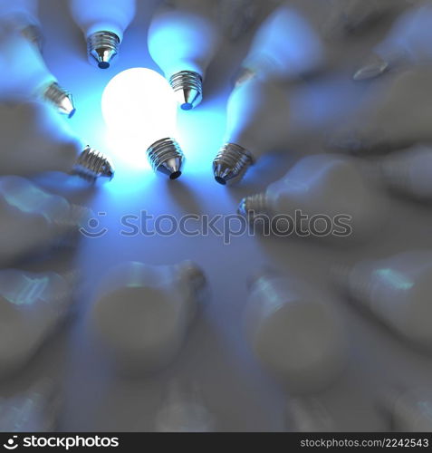 3d growing light bulb standing out from the unlit incandescent bulbs as leadership concept