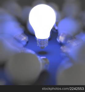 3d growing light bulb standing out from the unlit incandescent bulbs as leadership concept