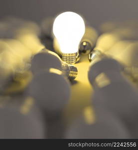 3d growing light bulb standing out from the unlit incandescent bulbs as leadership concept