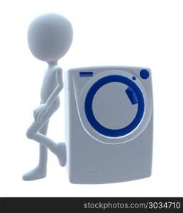 3D Guy With A Washing Machine. 3D guy with a washing machine on a white background