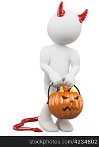 3D halloween white people. Child dressed as devil with a pumpkin full of candy in halloween day going to trick or treat. 3d image. Isolated white background.