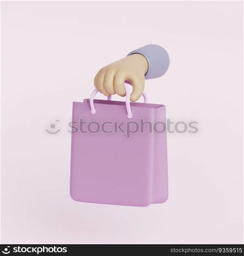 3d hand holding shopping bag icon. Delivery concept, Online shopping design element. 3d render illustration