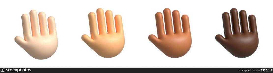 3D hands. Set of realistic palms. Hands of different skin colors. Cartoon style. Vector illustration