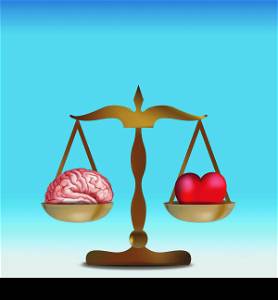 3d heart and brain concept on balance. Blue background