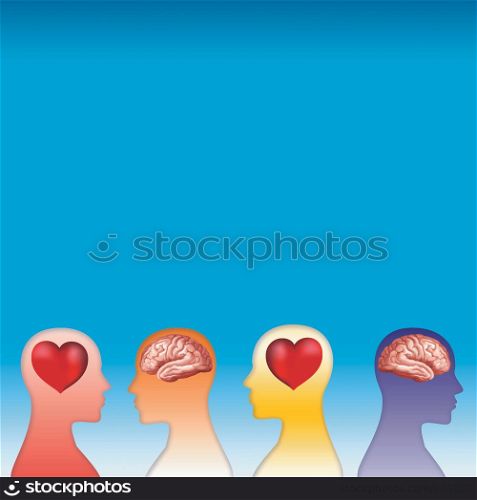 3d heart and brain concept with human head silhouette