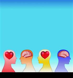 3d heart and brain concept with human head silhouette