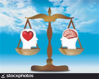 3d heart and brain concept with human head silhouette on balance. Blue sky nubes background