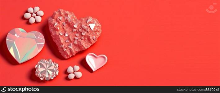 3D Heart Shape, Diamond, and Crystal Composition for Valentine’s Day Banner and Background