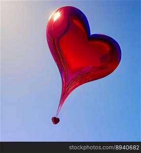 3D heart shaped balloon against blue sky in sharp sunlight, created with Generative AI technology.