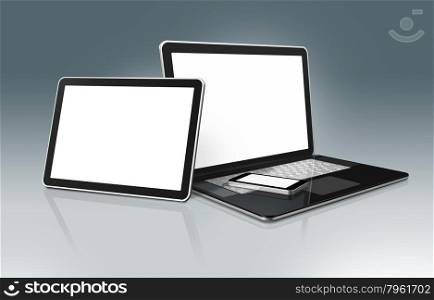 3D High Tech laptop, mobile phone and digital tablet - isolated on a grey background with clipping path