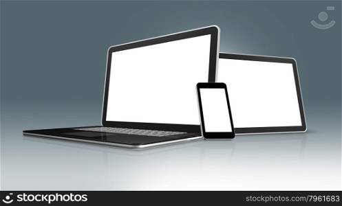 3D High Tech laptop, mobile phone and digital tablet pc - isolated on a grey background with clipping path
