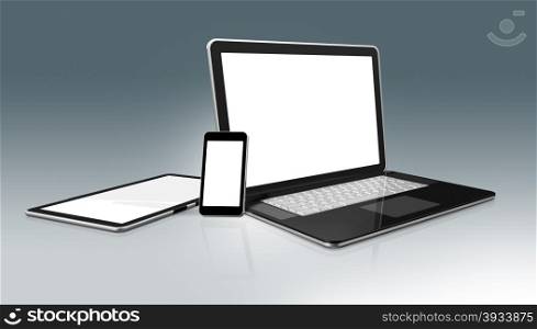 3D High Tech laptop, mobile phone and digital tablet pc - isolated with clipping path