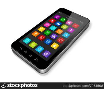3D High Tech smartphone, mobile phone with apps icons interface - isolated on white with clipping path