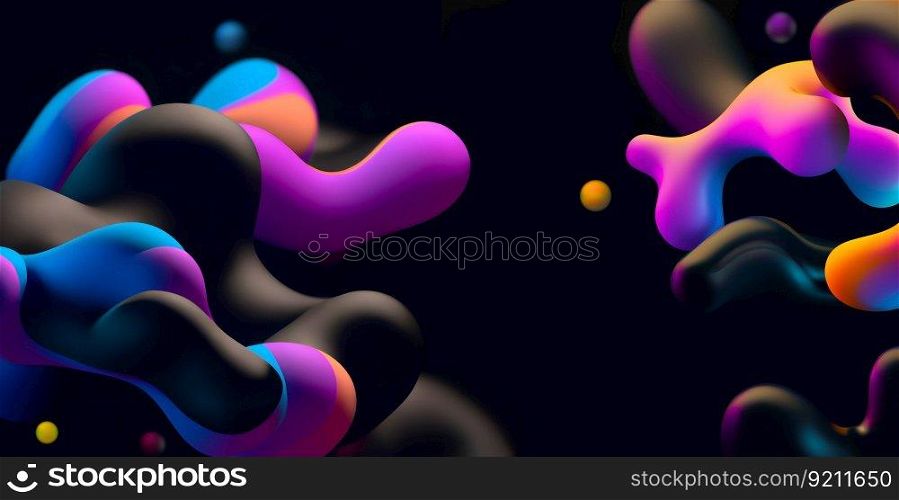 3D Holographic Floating Liquid Blobs Abstraction Shape On Black Background. 3D Abstract Background