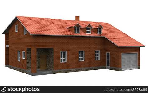 3d house with red tiled roof isolated on white