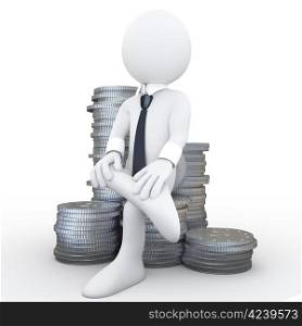 3D human sitting on a pile of coins. Rendered at high resolution on a white background with diffuse shadows.