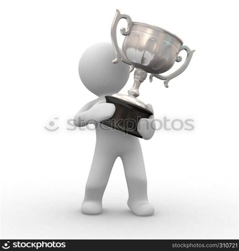 3d human with a 3d silver trophy in hands