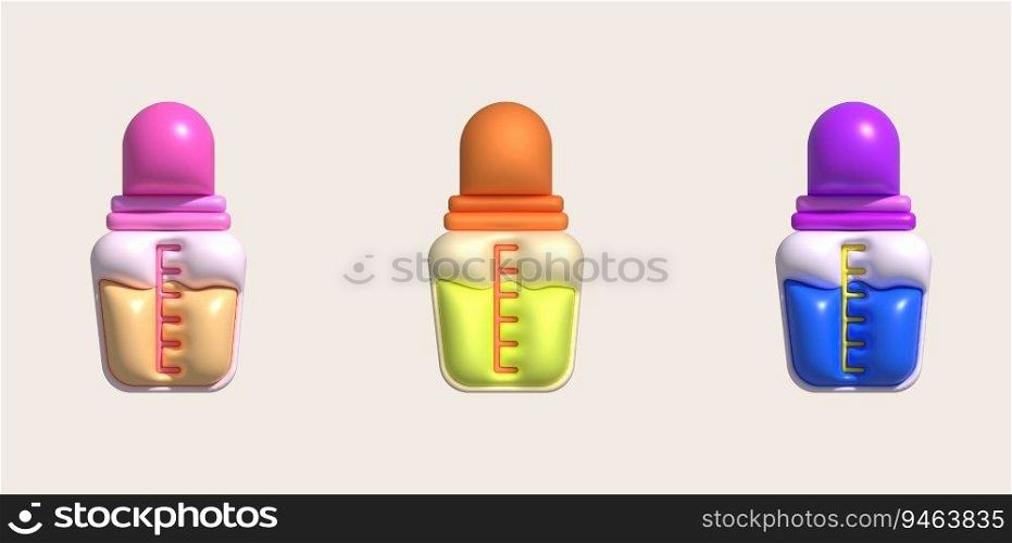 3D icon. Baby feeding bottle. Nutrition in plastic container for newborn baby.