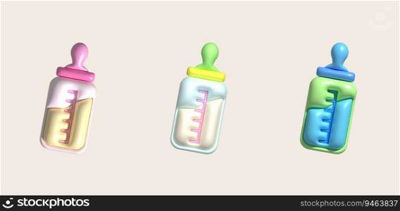 3D icon. Baby feeding bottle. Nutrition in plastic container for newborn baby.