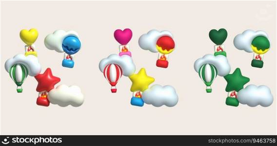 3d icon. Collection travel with hot air balloon flying gas and cloud. Minimal style icon.