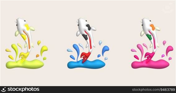 3d icon. Colorful Japanese carp jumping out of the water and water splashing around the carp. minimalist style icon