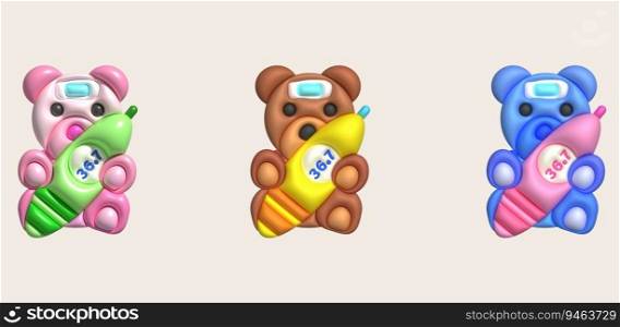 3D icon.Fever temperature measuring device and a teddy bear and a fever reducer on the forehead