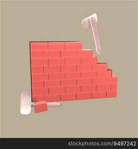 3D icon labor day rendered isolated on the colored background. brick-wall with masonry trowel object for your design.