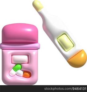 3D icon.Measurement thermometer and fever medicine bottle.