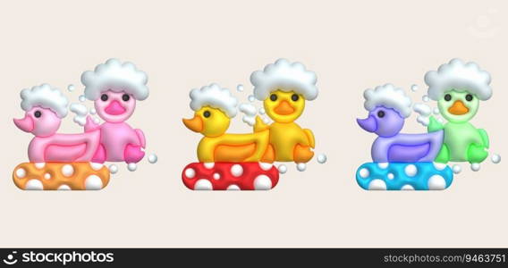 3d icon. Rubber duck playing in bubble bath or bath toy with rubber ring. Cute rubber floating for children.