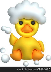 3d icon. Rubber duck playing with bubble water or bath toy. Cute rubber floating for children.