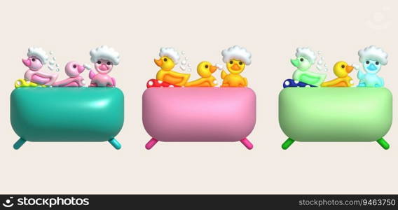 3D icon. Rubber duck playing with bubble water or bath toy in bathtub.