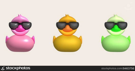 3d icon.Rubber duck wearing black glasses or ducky bath toy flat. Cute rubber floating for children.