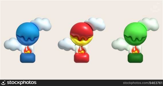 3d icon. Travel with hot air balloon flying gas and clouds. Minimal style icon.