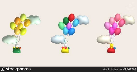 3d icon. Travel with hot air balloon flying gas and clouds. Minimal style icon.
