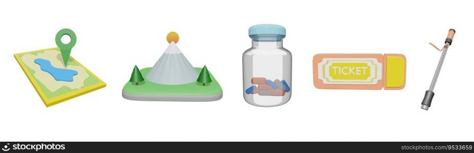 3D icon world tourism day collection rendered isolated on the white background. travel map, mountain peak, medicine jar, and trekking pole object for your design.