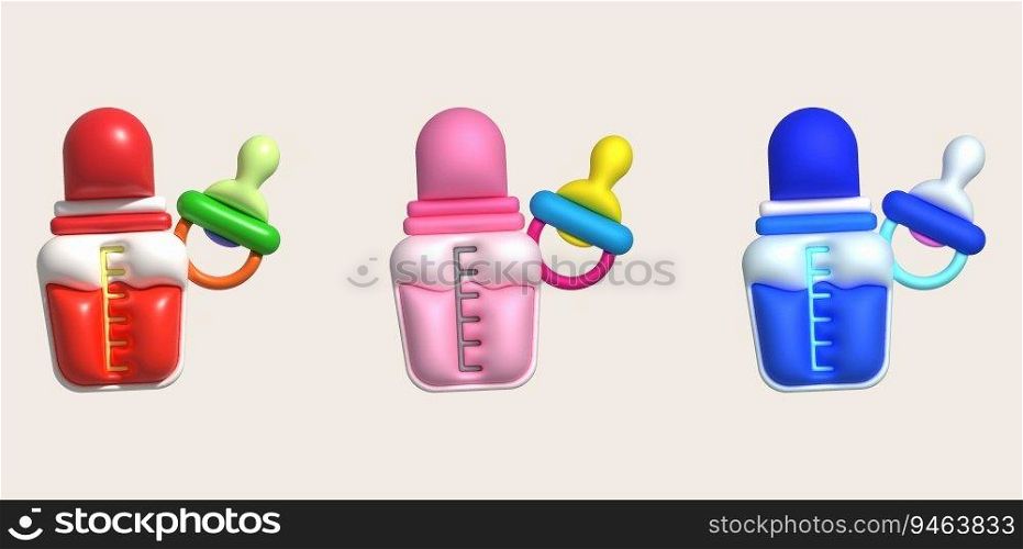 3d icons - baby bottle and baby pacifier Nutrition in plastic containers for newborns