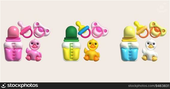3d icons. Baby feeding bottle. Nutrition in plastic container for newborn. Baby pacifier and baby duckling toy.