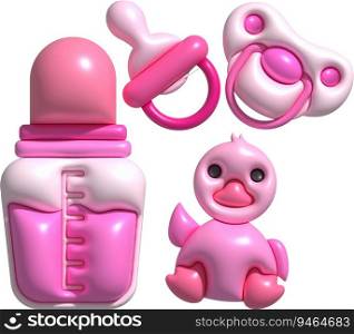 3d icons. Baby feeding bottle. Nutrition in plastic container for newborn. Baby pacifier and baby duckling toy.