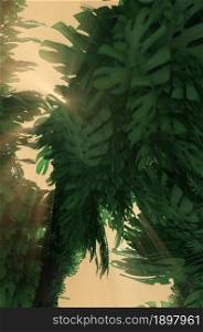 3d illustration. 3d illustration. Tropical leaves natural and sun light background