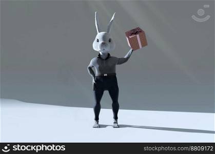 3D Illustration , 3d rendering . Cute rabbit with a gift. concept HAPPY NEW YEAR , EASTER DAY