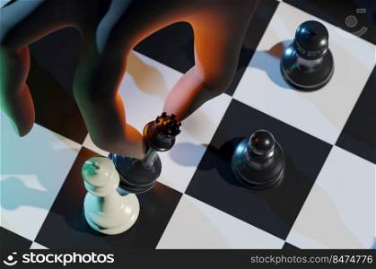 3D Illustration. 3D Rendering . Hand of businessman moving chess pieces in a success game competition. Strategy, management or leadership