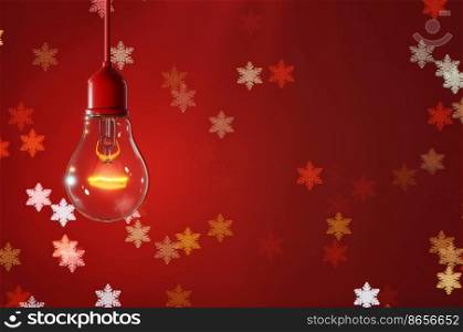 3D Illustration , 3d rendering Light bulb on glitter background with blinking stars and falling snowflakes. Blurred bokeh of Christmas lights.