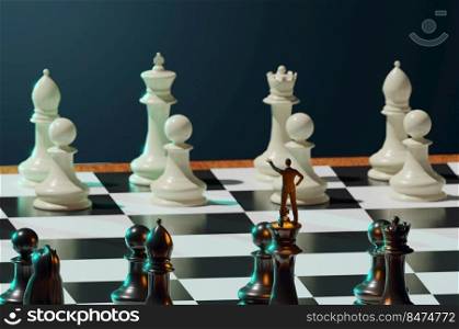 3D Illustration. 3D Rendering . super businessman as a leader on chess board. Business strategy and leadership concept.
