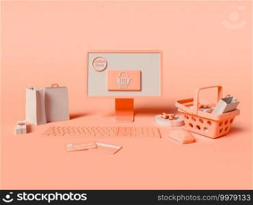 3D Illustration. A computer with credit cards, shopping basket, products and paper bags. Online shopping and e-commerce concept.