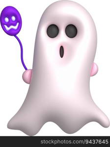 3d illustration. A cute little ghost on Halloween and holding balloons with a scary face.