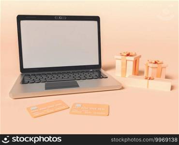 3D Illustration. A laptop with credit cards and gift boxes. Online shopping and e-commerce concept.